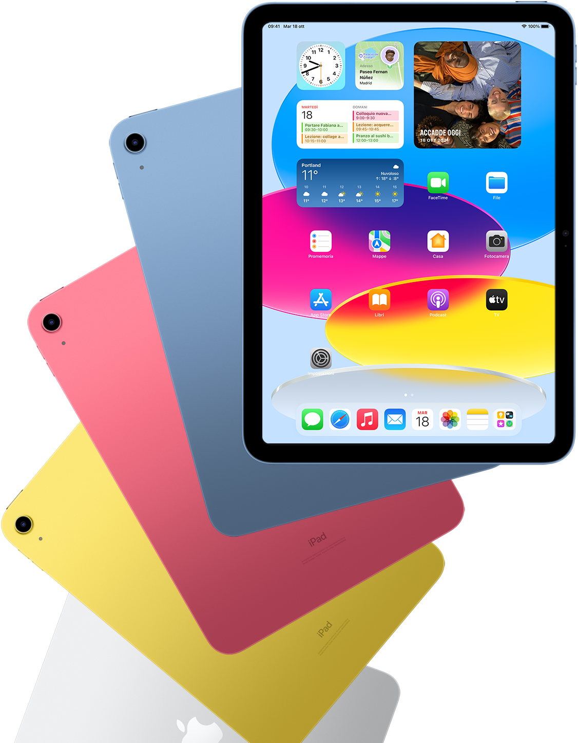 Vista anteriore di iPad che mostra la schermata Home, davanti a quattro iPad visti da dietro nei colori blu, rosa, giallo e argento.